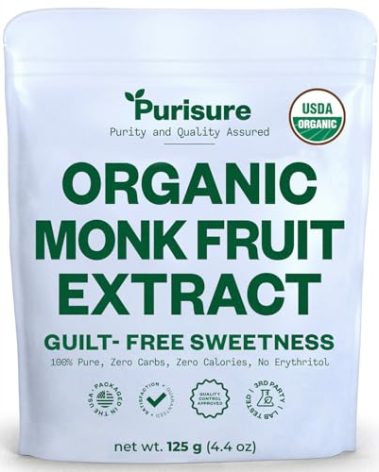 Organic Monk Fruit Sweetener, 125g (4.41oz), No Fillers Pure USDA Organic Monk Fruit Extract Powder with No Aftertaste, Zero Calorie & Zero Carbs, Keto & Paleo Friendly 320-400 Servings