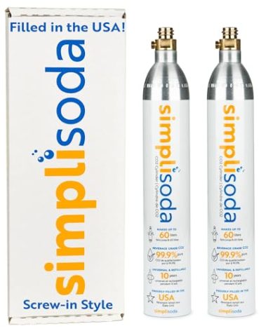 Simpli Soda 60L CO2 Canister Cylinders - Compatible w/Sodastream BLUE Screw-In Only, Ninja Thirsti, Philips, and More - Threaded Style Soda Streaming Machine CO2 Tanks Gas Refill, | 14.5 oz, Set of 2