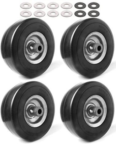 (4-Pack) 9x3.50-4” Flat Free Lawnmower Tire with 4" Centered Hub, 3/4" Bushings and Wheel Assemblies - PU Tire on Wheel and Adapter Kits