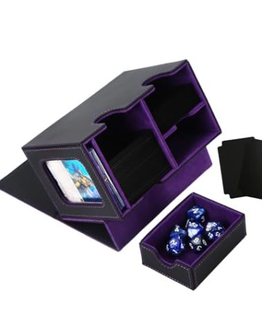 Venssu MTG Deck Box for Commander or Prime Card Display with Dice Tray,Card Deck Box Fits 200 Single Sleeved Cards, TCG Card Storage Box with 2 Dividers and 1 magnetic card holder (Black＆Purple)