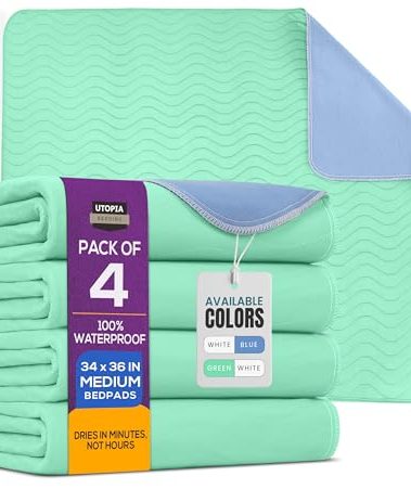 Utopia Bedding Washable Pee Pads for Dogs 34" x 36" (Pack of 4), Waterproof Incontinence Bed Pads for Adults, Elderly and Kids, Heavy Absorbency Pet Training Pads for Sofa and Couch (Green, Blue)