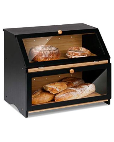 HOMEKOKO Double Layer Large Bread Box for Kitchen Counter, Wooden Large Capacity Bread Storage Bin (Black)