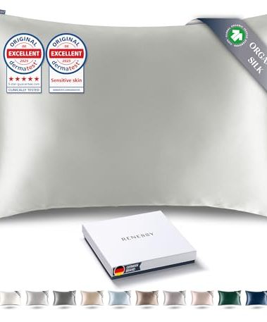 RENESSY Premium Silk Pillowcase 100% Organic Mulberry Silk, 22 Momme, Grade 6A - Oeko-Tex Certified in Germany - Luxury for Hair & Skin, 1 Piece (Standard Size 20x26 Inches, Light Grey)