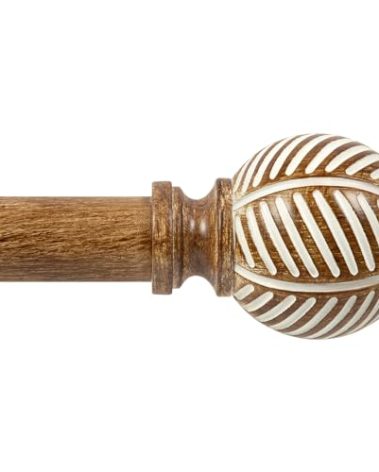 Zeerobee Wood Curtain Rods for Windows 48 to 84, 1 Inch Heavy Duty Drapery Rods with Imitation Wood Grain Leaf Pattern Finials, Indoor/Outdoor Modern Curtain Pole, 32"-86", Coffee Brown