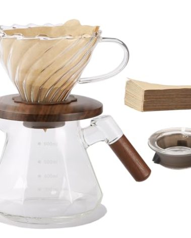 Lalord Pour Over Coffee Maker, 20 oz Borosilicate Glass Set with 100 pcs V60 Paper Filter, Coffee Dripper with Walnut Collar, Coffee Pot with Glass Lid, 1-3 Cups, Clear, (600 ml)