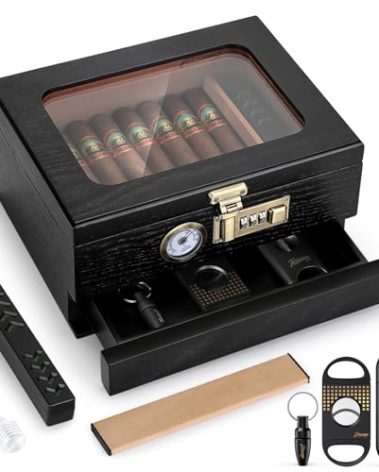 Tesonway Cigar Humidor, Cedar Wood Humidor Cigar Box, Glass Top Desktop Humidor with Front Hygrometer, Humidifier, Divider, Accessories Drawer and Combination Lock, Cigar Gifts for Men (Black)