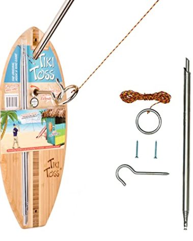 Tiki Toss Hook and Ring Toss Deluxe Set - 100% Bamboo with 5 Ft Telescoping Pole and All Parts Included