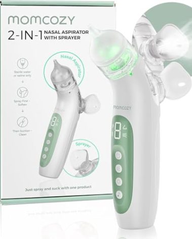 Momcozy BreezyClear™ 2-in-1 Electric Nasal Aspirator with Spray, Nasal Aspirator for Baby, 65kPa Nose Sucker with 4 Adjustable Suction Levels,Portable Electric Nose Cleaner,Light & Music Soothing