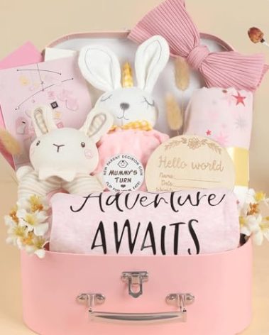 Baby Shower Gifts Basket Baby Gift Set for Newborns New Born Baby Girls Gift Set Pink Baby Gift Basket with Baby Rattle Swaddle Blanket Decision Coin Security Blanket Gender Reveal Gifts for Baby Girl