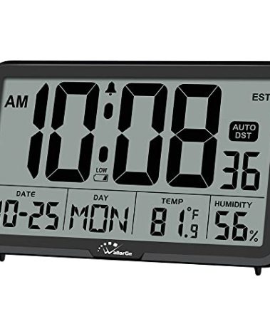 WallarGe Auto Set Digital Wall Clock Battery Operated, Desk Clocks with Temperature, Humidity and Date, Large Display Digital Calendar Alarm Clock for Elderly, Bedroom, Office, 8 Time Zone, Auto DST.