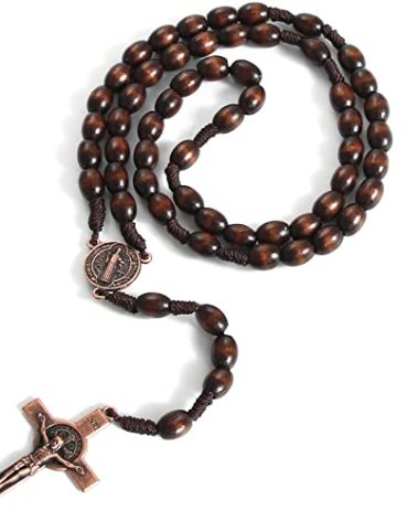 KOMI Handmade Wooden Rosary Beads Catholic Cross Necklace Olive Wood Prayer Bead Holy Rosaries for Men Christian Gift
