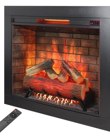 Innoflame 33" Electric Fireplace Insert with Real Fire Crackling Sound, Adjustable Flame & Heat, Plug-in/Hardwired, Remote Control & Timer, 1500W Fireplace Heater with Removable Trim Kit, Black