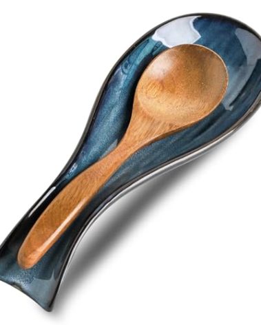 Tikooere Ceramic Spoon Rest for Stove Top,Large 8.7 Inch Spoon Holder for Kitchen Counter,Porcelain Utensil Rest for Thankgiving and Christmas Gift,Dishwasher Safe and Heat-Resistant,Blue(1 PC)