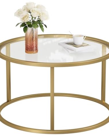 SAYGOER Small Glass Coffee Table Round Gold Coffee Table for Small Space Modern Simple Center Table with Gold Frame for Living Room Home Office, Easy Assembly