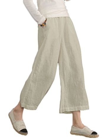 ECUPPER Womens Casual Loose Elastic Waist Cotton Trouser Cropped Wide Leg Pants Natural L, Straight