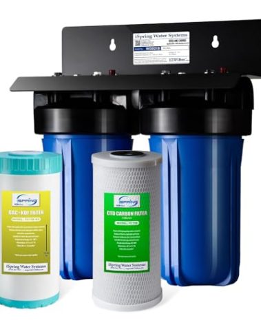 iSpring WGB21B-KS 2-Stage Whole House Water Filtration System with 10" x 4.5" Sediment CTO(Chlorine, Taste and Odor) Filter,KDF+GAC filter, Removes Chlorine, Iron, Lead, Odor and More, 1" Inlet/Outlet