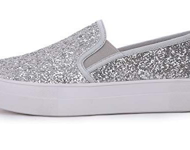 FEVERSOLE Women's Fashion Slip On Sneaker Casual Platform Loafers Glitter Silver Size 8 M US