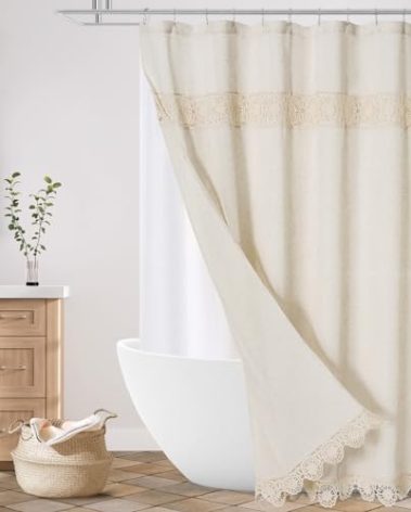 Gibelle Boho Farmhouse Shower Curtain Set, Linen Cotton Fabric Shower Curtain with Macrame Lace Decor, Modern Bohemian French Country Chic Bathroom Curtain with PEVA Liner 72x72 - Beige/Cream