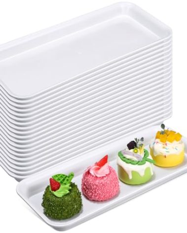 Ziliny 20 Pcs Serving Platters 14 x 6 Inch Rectangle Serving Trays Reusable Food Tray Dishes Dessert Trays Plastic Plates for Wedding Home Table Thanksgiving Christmas Party(White)