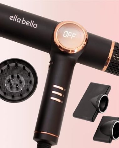 ELLA BELLA® Professional Ionic Hair Dryer with Diffuser • Negative Ion Blow Dryer • Suitable All Hair Types • Intelligent Heat Control & Rapid Drying Speeds • Lightweight Design • Low Noise Technology