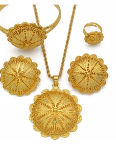 Ethiopian Traditional Jewelry Set for Women - Gold Color Pendant Necklaces, Earrings, Ring, Bangles - Eritrean African Gifts