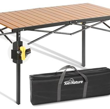 Large 46.4" Camping Table for 2-6 People - 220lbs Capacity Heavy Duty Foldable Outdoor Table with Aluminum Roll-Up Top & Carry Bag, Portable Picnic Desk for BBQ, Tailgating, Backyard (Natural)