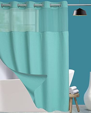 Conbo Mio No Hook Green Waffle Weave Shower Curtain with Snap in Liner Set, Hotel Luxury Shower Curtains for Bathroom with See Through Top Window, Waterproof, Washable 71W x 74H