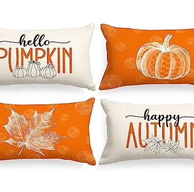 Ywlake Orange 12x20 Throw Fall Pillow Covers Set of 4, Maple Leaf Pumpkin Decorative Holiday 12 x 20 Autumn Cushion Covers Thanksgiving Pillow Case for Indoor Home Bedroom Couch Sofa Decor