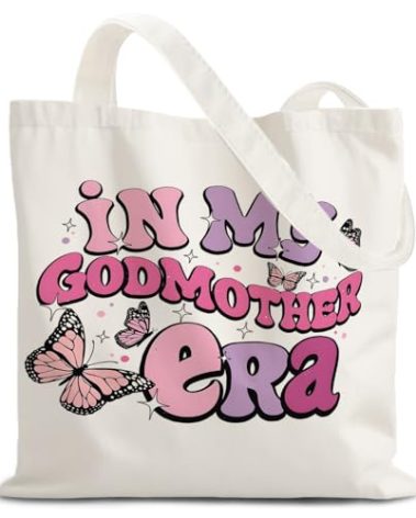 URLLUAE God Mother Gifts Tote Bag, Groovy In My Godmother Era Preppy Aesthetic Canvas Tote Bag, Mother's Day Birthday Gifts for God Mom from Godchild, Reusable Grocery Bags Shopping Bag