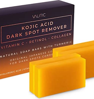 VALITIC Kojic Acid Dark Spot Remover Soap Bars with Vitamin C, Retinol, Collagen, Turmeric - Original Japanese Complex Infused Hyaluronic Acid, E, Shea Butter, Castile Olive Oil (4 Pack)