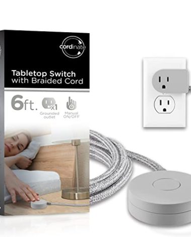 Cordinate Extension Cord with Switch On/Off Plug, 6 Ft Braided Power Cord Outlet Switch, 3 Prong, Slip Resistant Base, Tabletop or Wall Mount, Perfect for Lamps/Holiday Lights, Gray, 48050