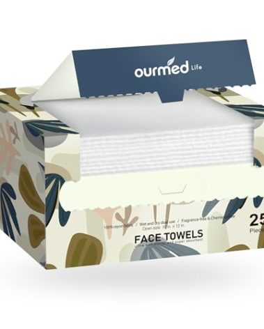 Ourmed Life Face Towels, Disposable Biodegradable Facial Towels for Sensitive Skin, Lint- free Face Wipes for Washing Face, Skincare and Makeup Remover, Dry Wipes, 10"×12" Extra Large, 25 Count