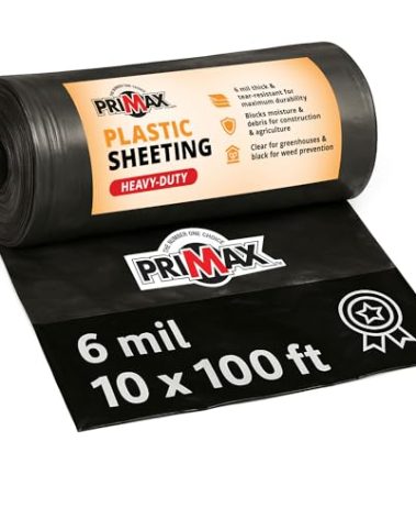 PRIMAX Black Plastic Sheeting (10'x100') 6 mil Heavy Duty, Polyethylene Black Sheeting for Garden, Construction Dust Barrier Plastic Roll, Vapor Barrier Silage Tarp