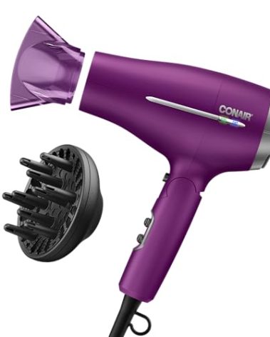 Conair Hair Dryer, Worldwide Travel Hair Dryer with Smart Voltage Technology and Folding Handle, Includes Diffuser and Concentrator, Purple