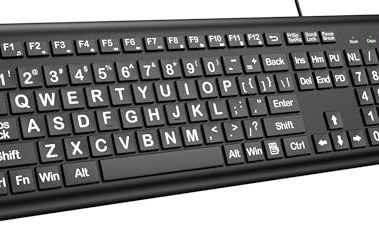 Large Print Computer Keyboard, Wired USB Full Size Quiet Keyboard with 4X Oversized Print Letters for Visually Impaired Low Vision Individuals Easy to See and Type for PC, Laptop,Windows
