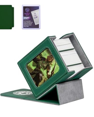 Infinity Guard Card Deck Box for MTG with Commander Display for 100+ Double Sleeved Cards, Magnetic Card Storage Box Fits for TCG Sports Trading Cards (Green&Grey)