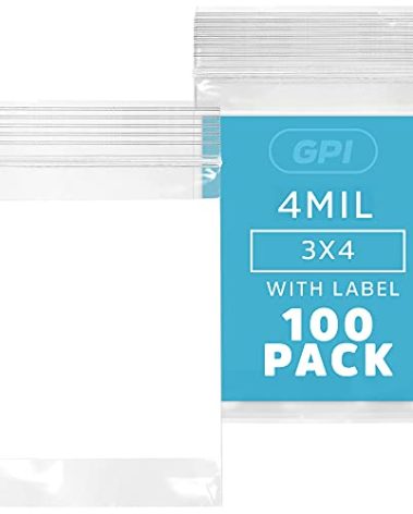 GPI - 3" x 4" - Bulk Pack of 100, 4 Mil Thick, Heavy Duty, Clear Plastic Reclosable Zip Bags, with Write-on White Block for Labeling, Strong & Durable Poly Baggies with Resealable Zipper Top Lock.
