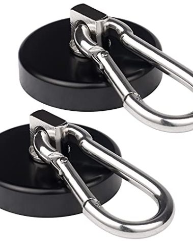 WELLZEER Magnetic Hooks 170lbs Heavy Duty Black Magnet Hooks with Swiveling Carabiner for Hanging Refrigerator Strong Large Neodymium Magnet (170LBS-2PACK-BLACK)