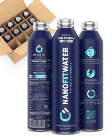 NANO FIT WATER - All Natural Oxygen Infused Bottle Water, 9.5+ pH Alkaline Still Drinking Water, 100% Recyclable Aluminum Bottle, 16 Oz (12 Pack)