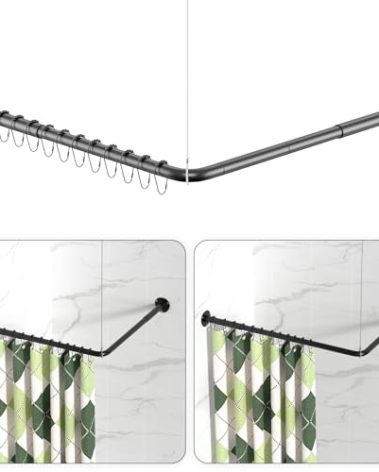 L Shaped Shower Curtain Rods, Adjustable (23''-69'' X 23''-69'') Corner Shower Rod with 12 Shower Curtain Rings, All 304 Stainless Steel, for Bathroom, Bathtub, Clothing Store, Need to Drill, Black