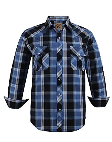 COEVALS CLUB Men's Western Cowboy Long Sleeve Pearl Snap Casual Plaid Work Shirts (Bule Black #4 3XL)