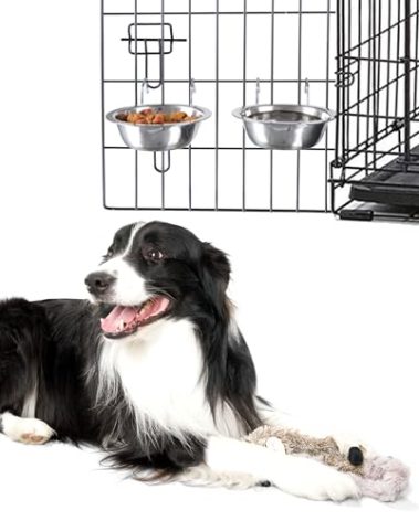 Set of 2 Stainless-Steel Dog Bowls - Cage, Kennel, and Crate Hanging Pet Bowls for Food and Water - 48oz Each and Dishwasher Safe by PETMAKER