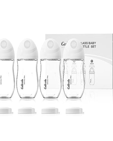 Gulicola Natural Glass Baby Bottle 8 oz for Breastfed Babies, Anti-Colic Baby Bottle Set with Medium Flow Nipple, 3 Months +, 4 Pack - White