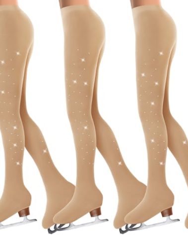 Ramede 3 Pcs Figure Skating Tights Rhinestones Ice Skate Tights Tan Crystal Figure for Girls Women Skating Ballet Dance Kids (Small)