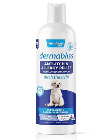 Vetnique Labs Dermabliss Dog Allergy and Itch Relief, Skin and Coat Health Supplements and Grooming Supplies with Omega 3-6-9, Biotin - Ditch The Itch (Itch Relief, 16oz Shampoo)