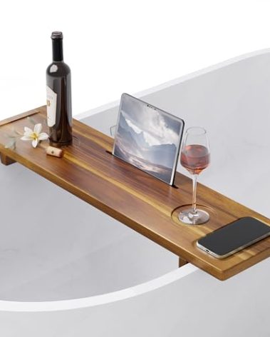 LotusSway Bathtub Tray, Acacia Bath Tray for Tub, 34.6''x9'' Wooden Bathtub Caddy Tray with Adjustable Legs Fit Various Bathtubs, Anti-Tipping, Sustainable Bath Table with Wine Glass and Tablet Holder