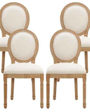 Furniliving French Country Dining Chairs Set of 4, Upholstered Dining Room Chairs with Round Back Farmhouse Kitchen Chairs for Living Room, Kitchen, Restaurant (Beige-Round)
