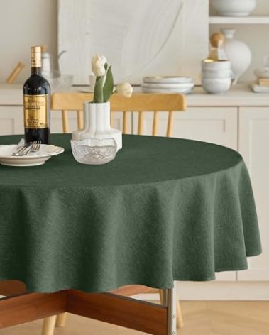 Decorelia Waterproof Kitchen Faux Linen Round Tablecloth, Decorative Fabric Burlap Texture Farmhouse Soft Table Cloth Cover for Dining Party Indoor Outdoor Use (60 Inch, Round (2-4 Seats), Dark Green)