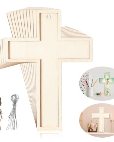 Beeveer 24 Pcs Unfinished Wooden Crosses for Crafts Unpainted Large Blank Wooden Layered Cross for Sunday School Crafts DIY Easter Projects Church Home Wall Decoration with String (5 x 3.62 Inch)