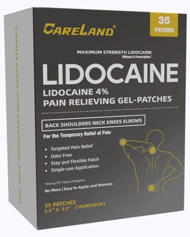 CARELAND 4% Lidocaine Gel Patch, 35 Count Maximum Strength Pain Patches for Muscle Relief in Neck Knee Back and Shoulders Unscented Numbing Patch for Soothing Nerves, Joints